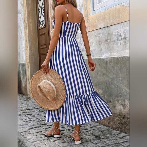 New Nautical Striped Ruffle Hem Long Dress White Blue - Picture 5 of 8